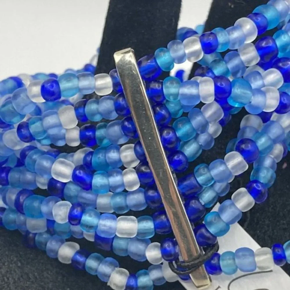 Lena Bernard Free People Multi Strand Blue Bead Stretch Silver Tone Bracelet NWT